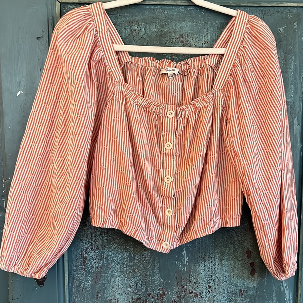 Madewell striped sear-sucker peasant style cropped shirt